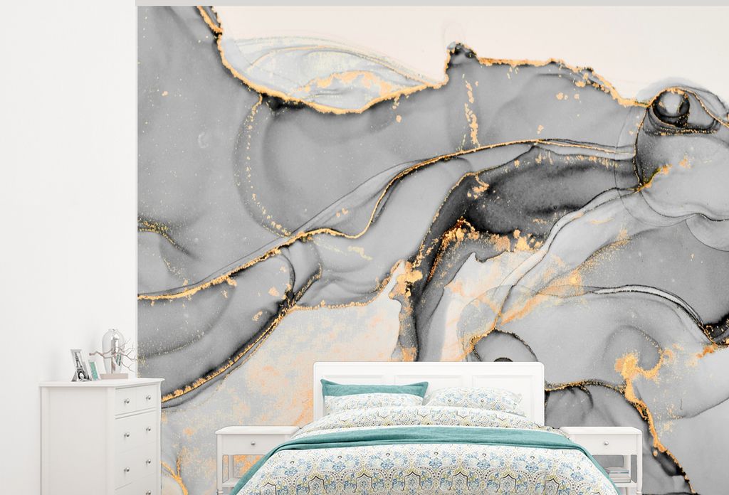 MuchoWow Fototapete für Wohnzimmer oder Schlafzimmer Wandtapete Vinyl Motivtapete Marmor - Gold - Grau - 325x260 cm - Tapete