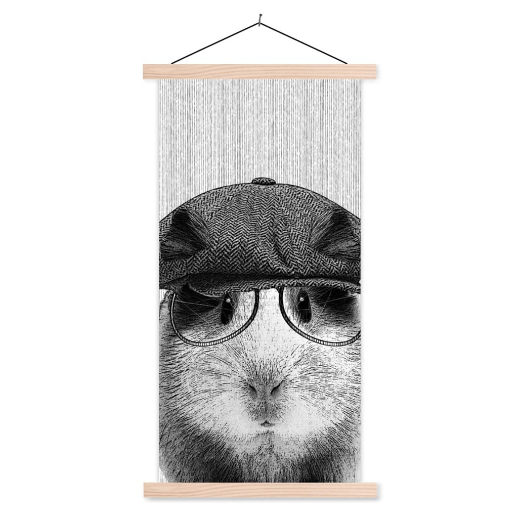 MuchoWow Textilposter Meerschweinchen - Baskenmütze - Brille - Hipster 60x120 cm mit holzfarbenen Rahmen - Holz