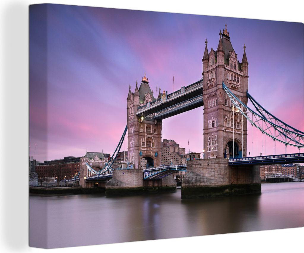 OneMillionCanvasses - Leinwandbilder - 140x90 cm, Rosa und lila Himmel über der Tower Bridge in England, Wandbilder Kunstdruck Wanddekoration - ...