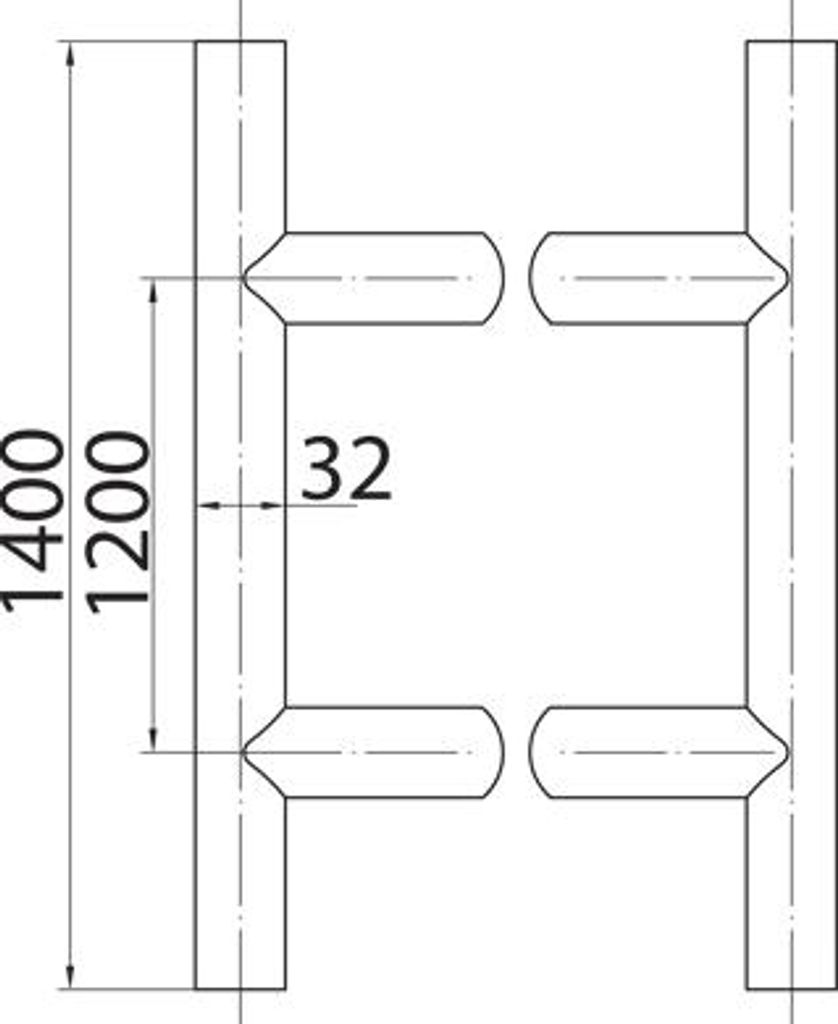 Doppelseitiger geneigter Türgriff 45 fi 32 mm L-1400, X-1200, Schraubensatz inklusive, Holz PVC, Aluminium, Glas, schwarz