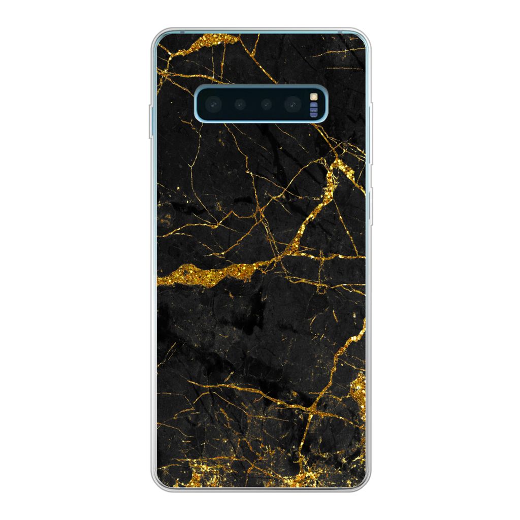MuchoWow Handyhülle Schutzhülle Hülle für Samsung Galaxy S10 Plus Marmor - Gold - Schwarz - Marmoroptik - Luxus - Glitzer Silikon Softcase Ha...