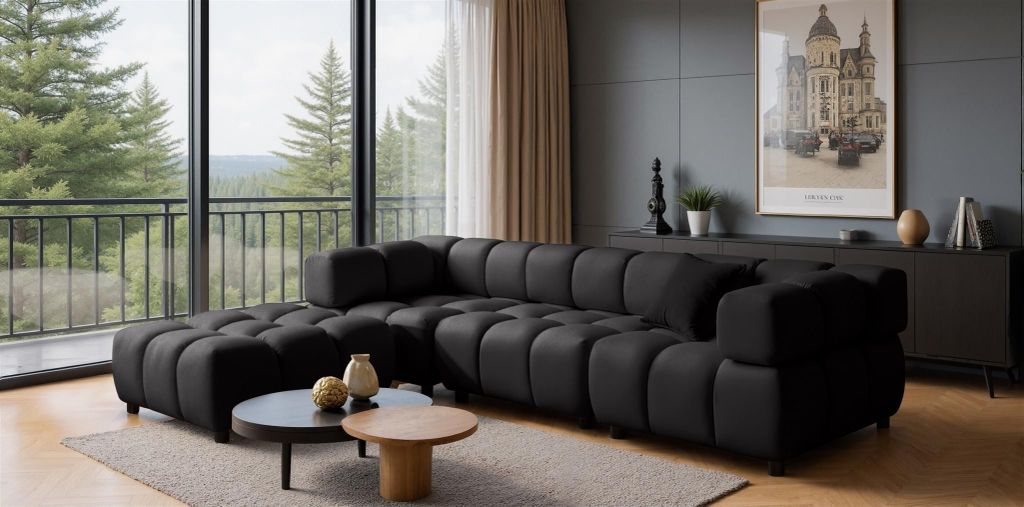 Sofa Designersofa FLOW 3-Sitzer inkl. 1 x Polsterhocker Stoff Bluvel Schwarz