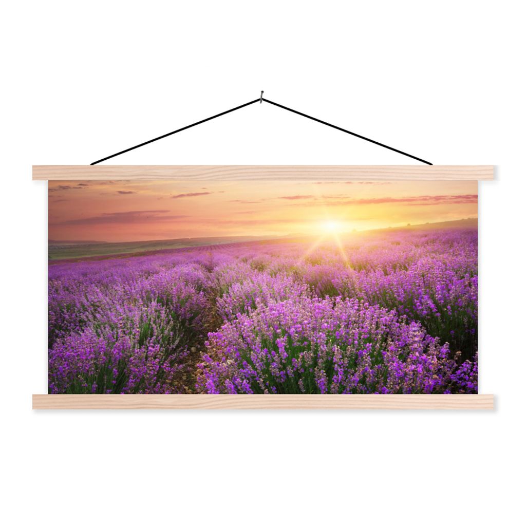 MuchoWow Textilposter Lavendel - Sonne - Blumen 60x30 cm mit holzfarbenen Rahmen - Dekoration