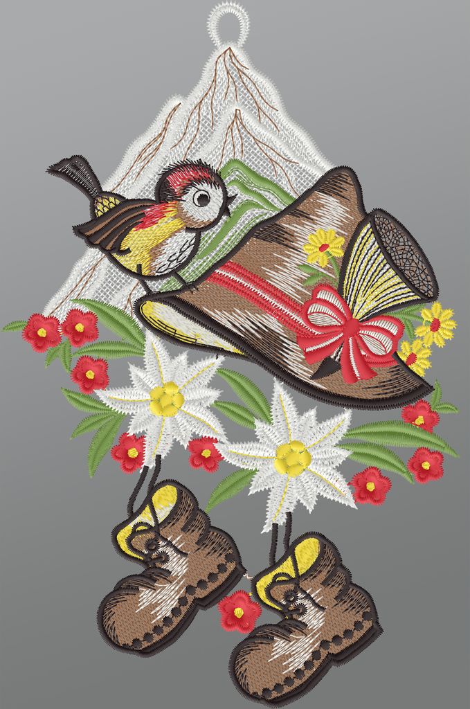 Fensterbild aus Plauener Spitze - Berg Heil (BxH) 18cm x 28cm, mehrfarbig, Fensterdekoration und Fensterschmuck