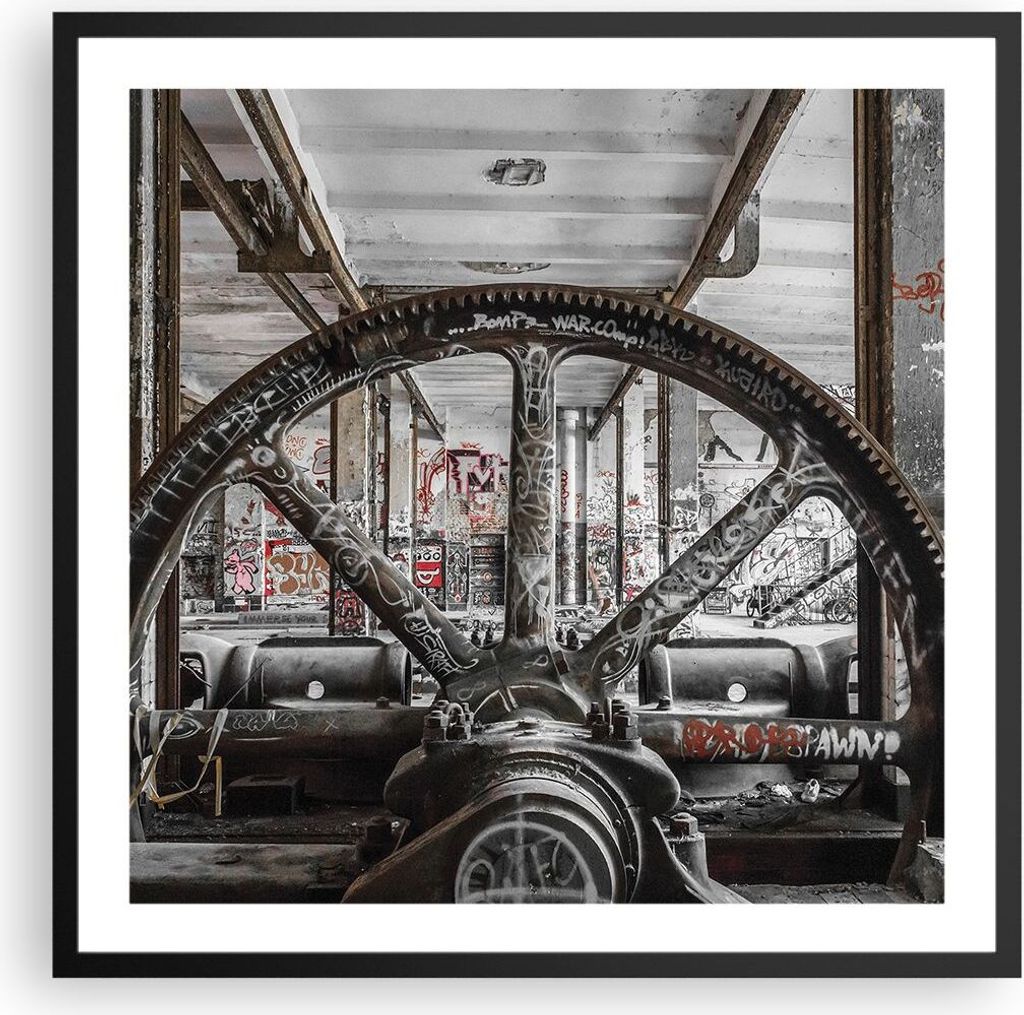 Gerahmtes Poster - Schwarzer Rahmen - Maschine Industrie Graffiti - 60x60 cm - Wand Bild - Wanddeko - Wandbilder - Wandposter - Bilderrahmen - Bild...
