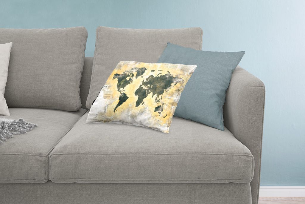 MuchoWow Zierkissen Sofakissen Wohnzimmer Dekokissen 60x40 cm Weltkarte - Zeitung - Gold - Kopfkissen - Polster mit Foto