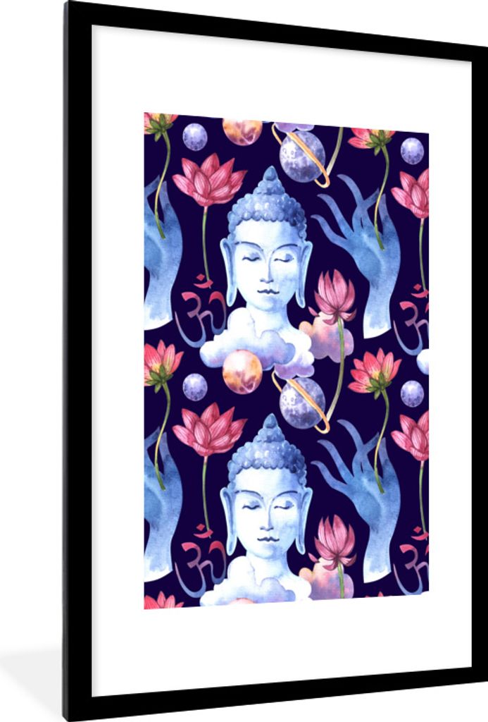 MuchoWow MuchoWow Gerahmtes Poster Buddha - Kopf - Hand 60x90 cm - Poster mit zchwarzem Bilderrahmen - Dekoration - Wandposter Wohnzimmer - Hoc...