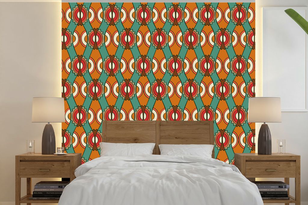 MuchoWow Fototapete für Wohnzimmer oder Schlafzimmer Wandtapete Vinyl Motivtapete Design - Retro - Orange - Abstrakt - 300x300 cm - Wanddekoration