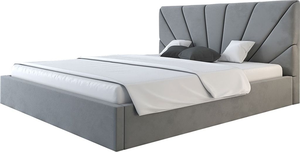 DENVER SLIM Polsterbett 160x200cm, Doppelbett mit Stauraum und Lattenrost aus Metall, Stauraumbett, Velourestoff, Hellgrau