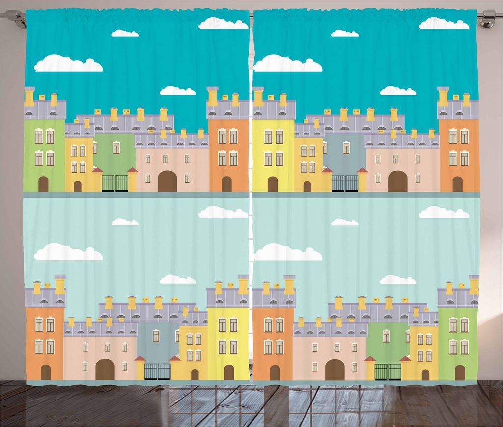 ABAKUHAUS Niederländisch Rustikaler Gardine, Bunte Cartoon Stadt, Schlafzimmer Kräuselband Vorhang mit Schlaufen und Haken, 280 x 225 cm, Mehrfarbig