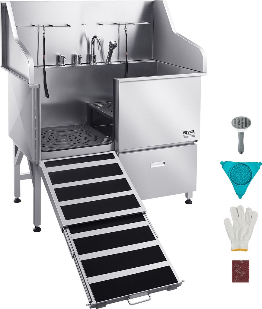 VEVOR Hundebadestation aus Edelstahl, 127 cm große Tierpflegewanne mit Rampe, Wasserhahn, Duschkopf und Seifenhalter, für große, mittelgroße un...