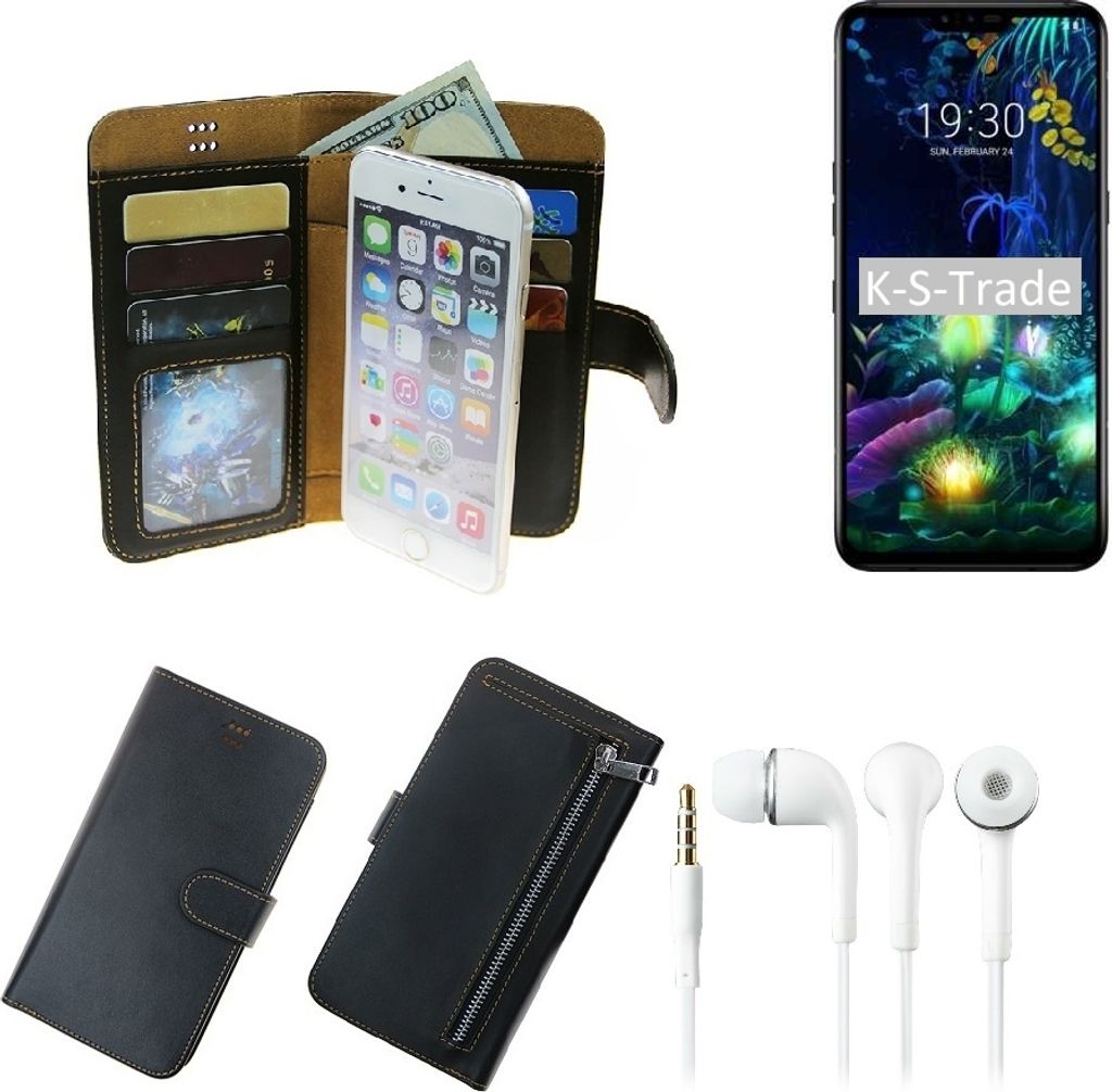 TOP SET Handy Hülle Schutz Hülle kompatibel mit LG Electronics Q9 One schwarz aus Kunstleder + Kopfhörer Smartphone Tasche vollwertige Geldbörse