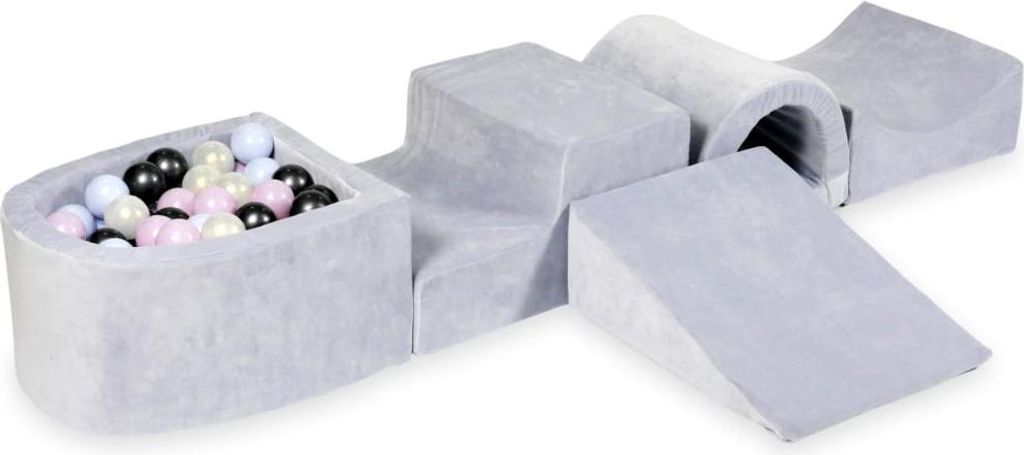 Schaumstoffspielplatz mit Brücke und Pool Micro Velvet Soft Hellgrau + 100 Bälle: Blaue Perle, Rosa Perle, Metallic Graphit, Opaleszenz