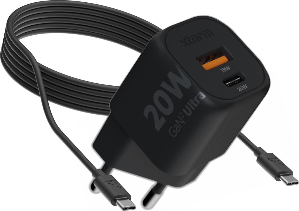 20W GaN2 Ultra Power Adapter + 1 Meter Kabel (100W), GaN-Technologie, USB-C und USB-A, Power Delivery, GRS recyceltes Plastik - Schwarz