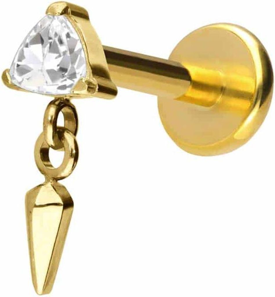 Ohrpiercing, Nasenpiercing Titan Labret mit Push Fit KRISTALLDREIECK + SPITZE Gold Stablänge: 9mm | Stabstärke: 1mm