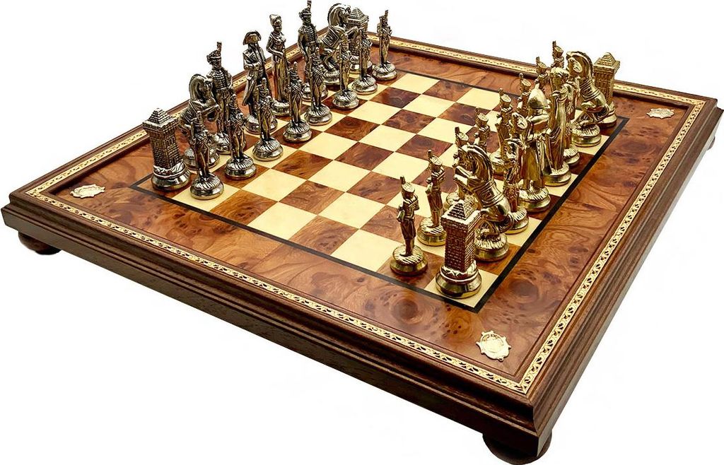 Italienisches Schachset Figuren Napoleon Gross + Schachbrett Elm-Briarholz 48 Rahmen