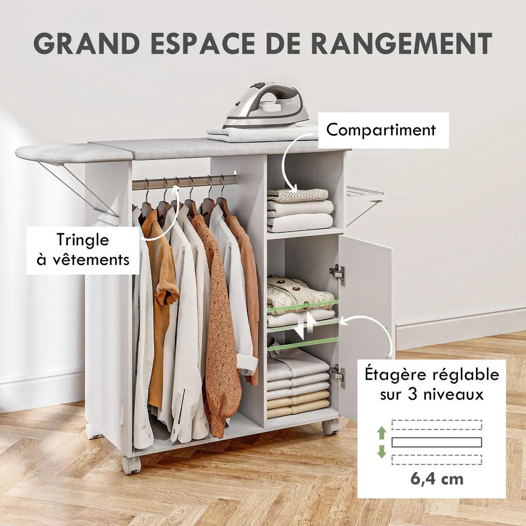 Table à Repasser avec Étagère Réglable et Support Fer à Repasser Blanc