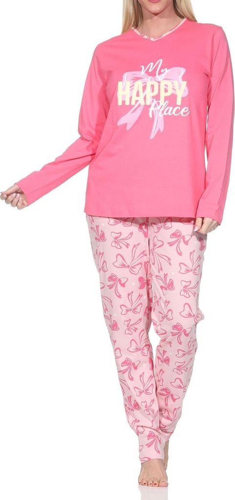Normann Damen Schlafanzug lang Pyjama in edler Optik mit Schleifen als Motiv ; pink , 44