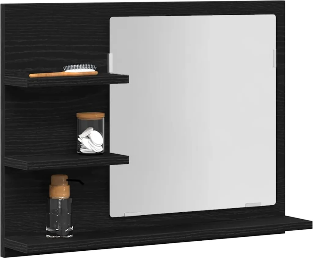 Miroir de salle de bain 60 cm noir bois composite avec tablette chêne