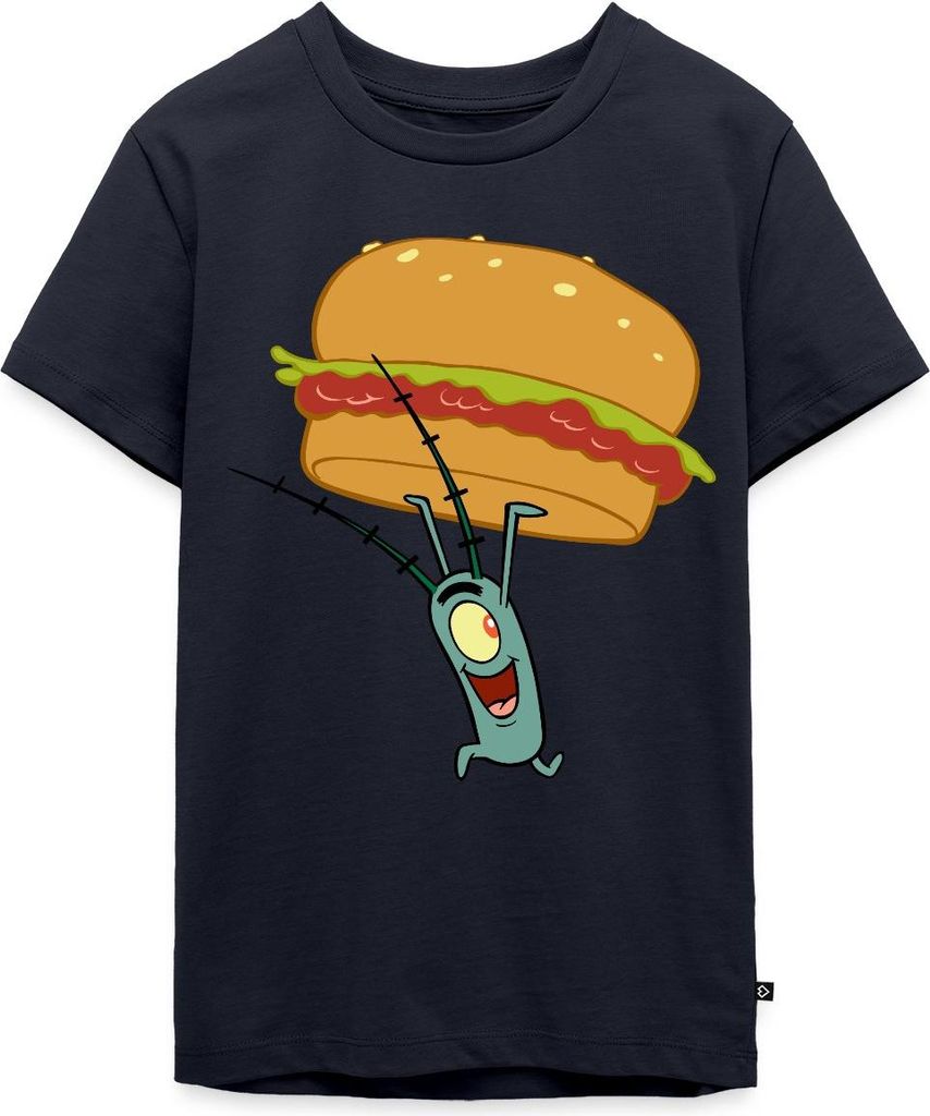 Spreadshirt Spongebob Schwammkopf Plankton Mit Hamburger Teenager Premium T-Shirt, 146/152 (10 Jahre), Navy