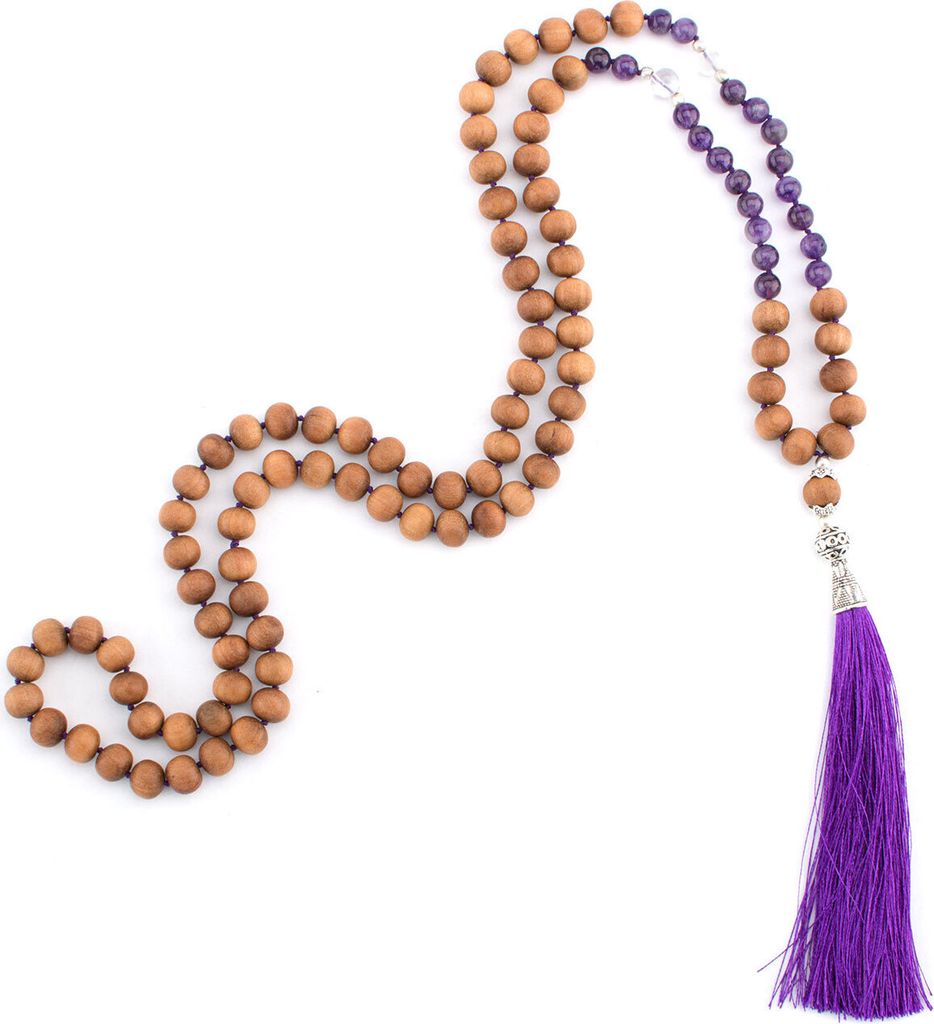 Mala mit Amethyst, Bergkristall und Holzperlen mit Sandelholz-Duft, 108 Perlen