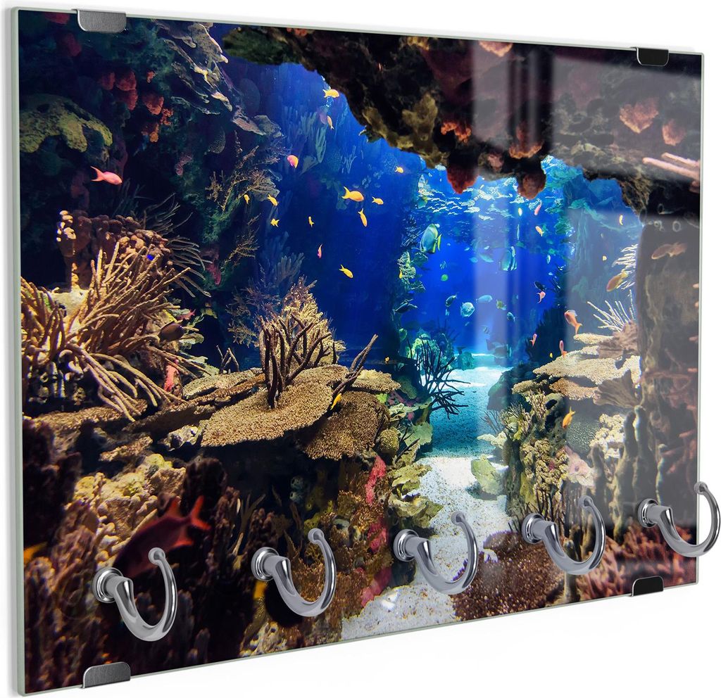 DEQORI Schlüsselbrett Glas 30x20 cm 'Exotisches Aquarium' Schlüssel Halter Board Haken