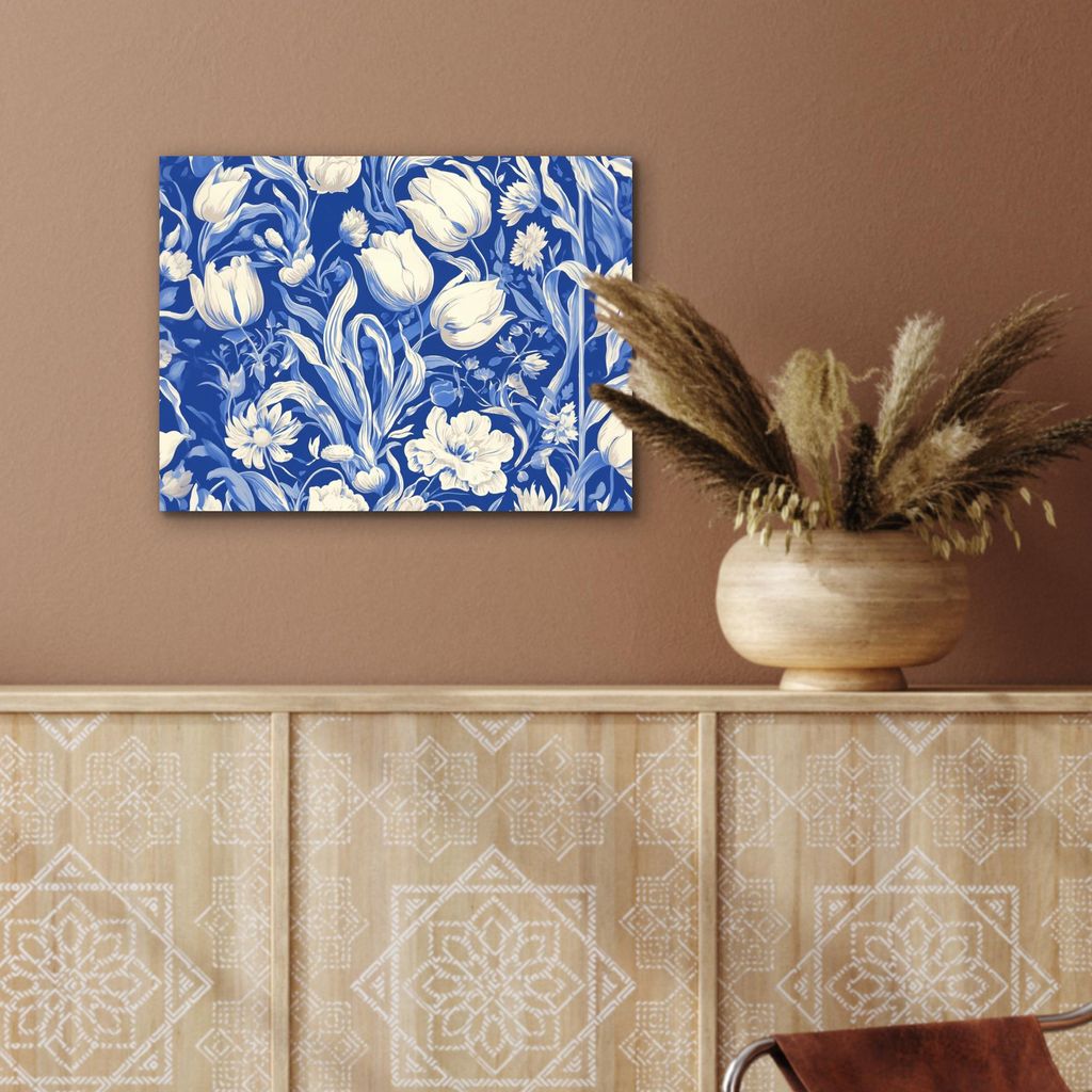MuchoWow Wanddekoration Metall Metallbild Wandkunst 40x30 cm Blumen - Delfter Blau - Muster - Tulpe MuchoWow Aluminium Gemälde - Dekoration Wohnzi...