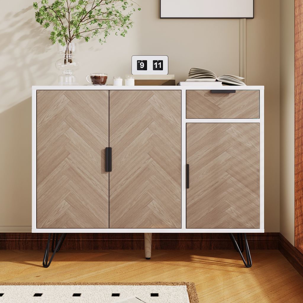 Merax Sideboard im Holzoptik mit Schubladen und 3 Türen, Highboard mit verstellbare Regale und Metallfüße, vielseitiger Stauraum Kommode, Weiß