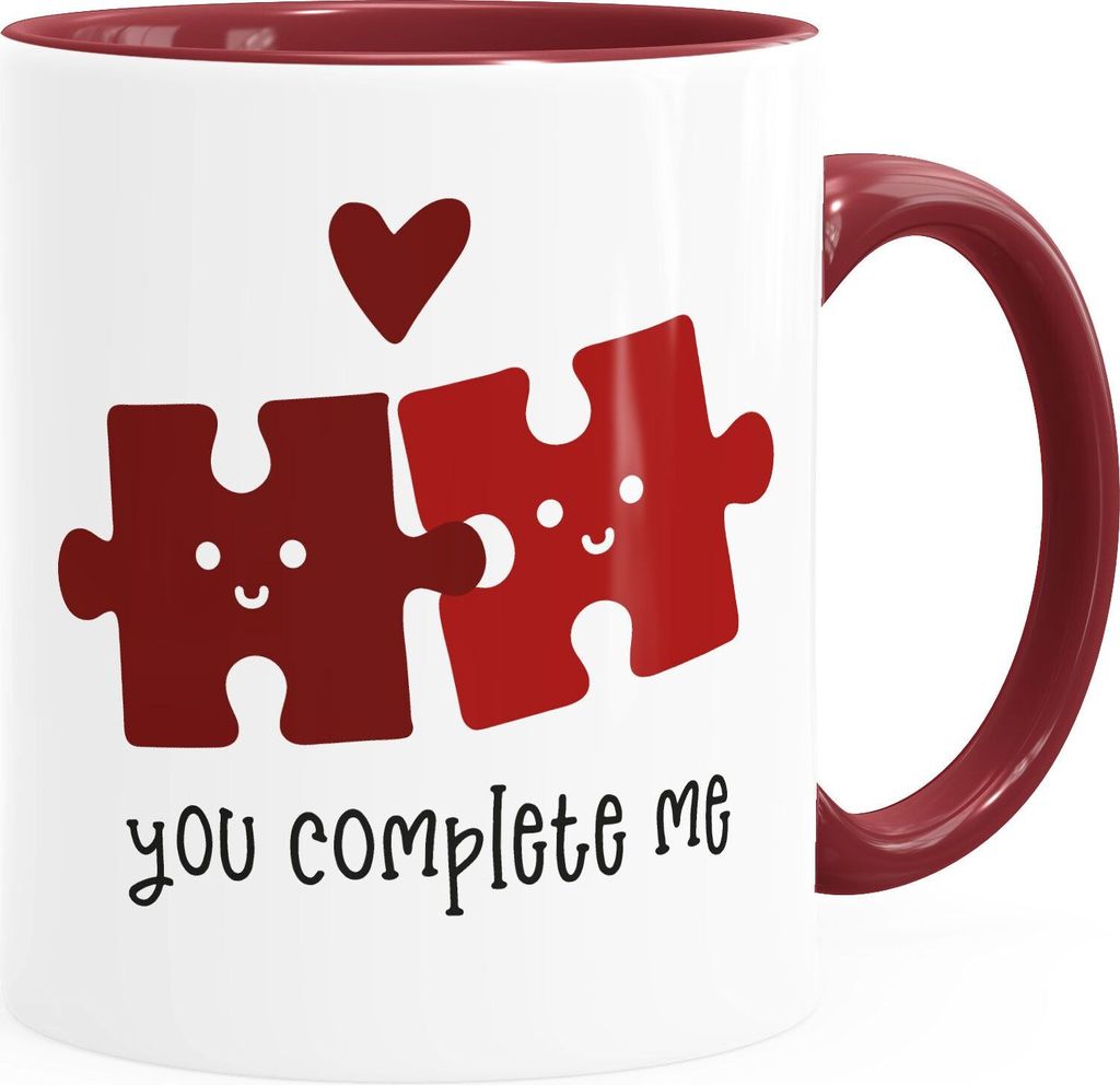 Kaffee-Tasse you complete me Spruch Liebe Geschenk Partner Valentinstag Jahrestag Puzzlestücke Moonworks bordeauxrot Keramik-Tasse