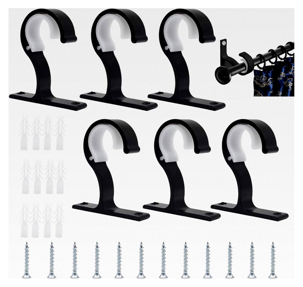 6 Stück Halterungen für Gardinenstangen, Deckenmontage mit Schrauben, Aluminium Halter für Stangen mit einem Durchmesser von 25 bis 28 mm (Schwarz)