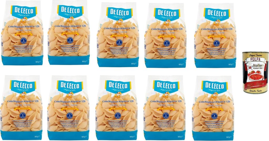 De Cecco Le Specialità Conchiglioni Rigati N°126, 100% Italienisch Pasta Nudeln 10x 500g + Italian Gourmet Polpa 400g