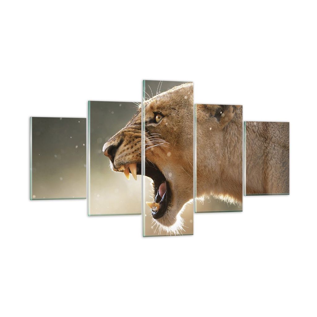 Bilder auf glas - 5 Teile - Löwe Löwin Reißzähne - 125x70cm - Glasbilder - Wandbilder - Bilder - zum Aufhängen bereit - Wanddekoration aus Gla...