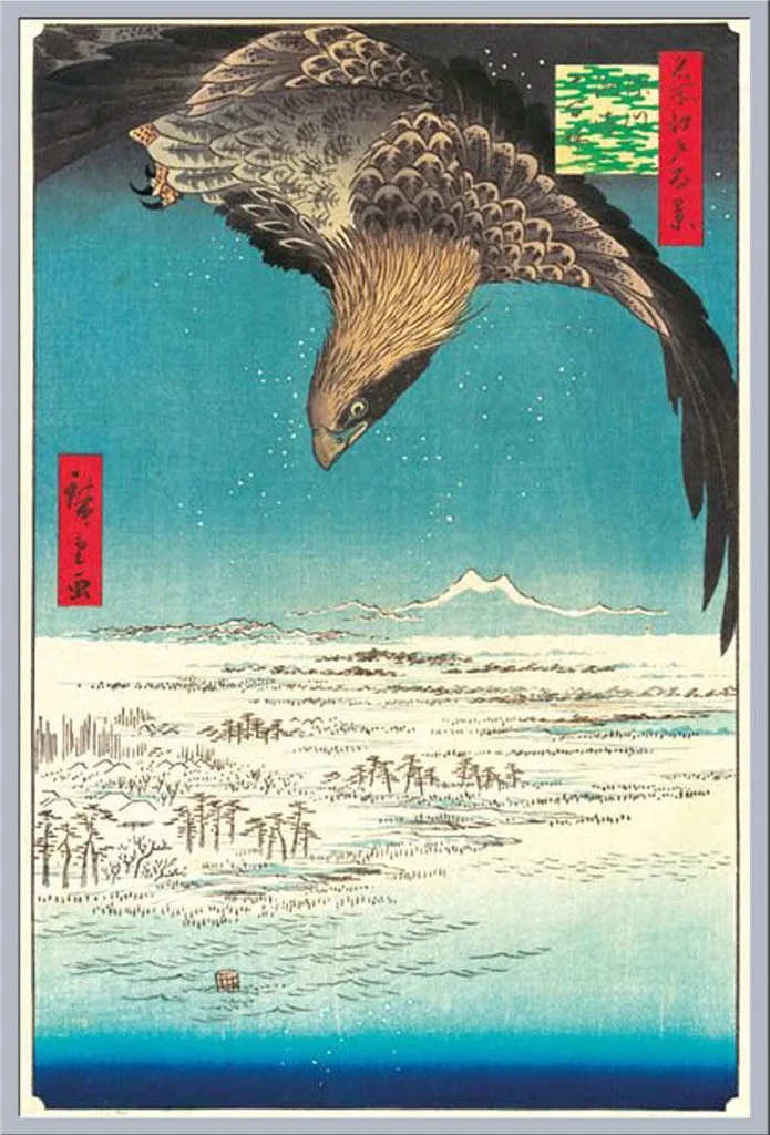Tableau Hiroshige Prêt à Poser : Cadre Shinsuke Argenté et Vitre Sécurité