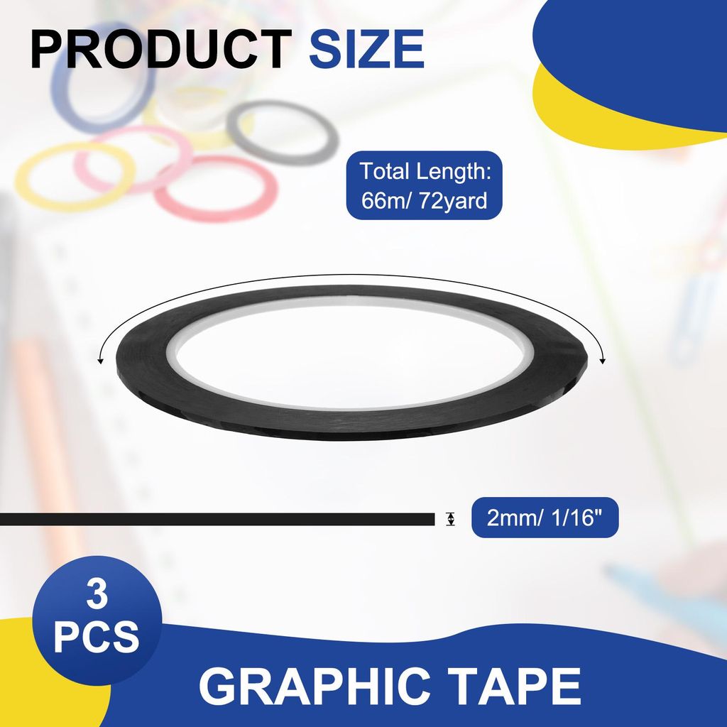 2mmx66m Feine Linien Klebeband Schwarz, 3 Rollen PET Klebestreifen Selbstklebend Dš¹nnes Zierstreifen, Whiteboard Klebeband Wasserdicht Gitter Ma...