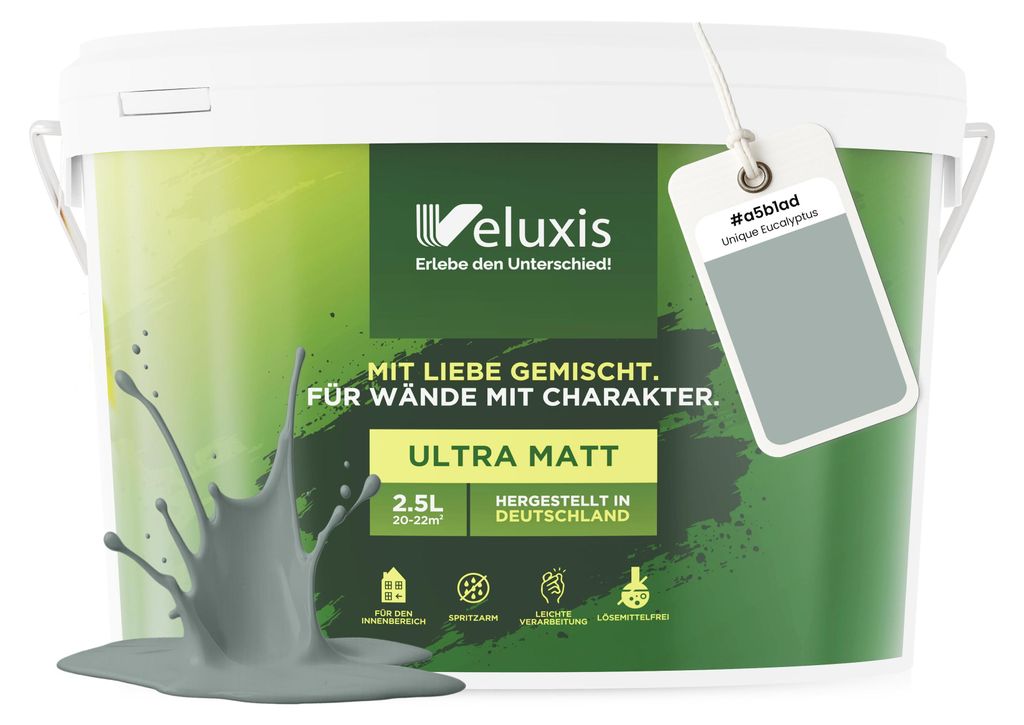 Wandfarbe Grün Grau Hellgrau Matt Innenfarbe – Deckkraft Klasse 1, VOC-frei, Ohne Grundierung, Tropfarm – Wohnzimmer & Schlafzimmer – 2,5L ...