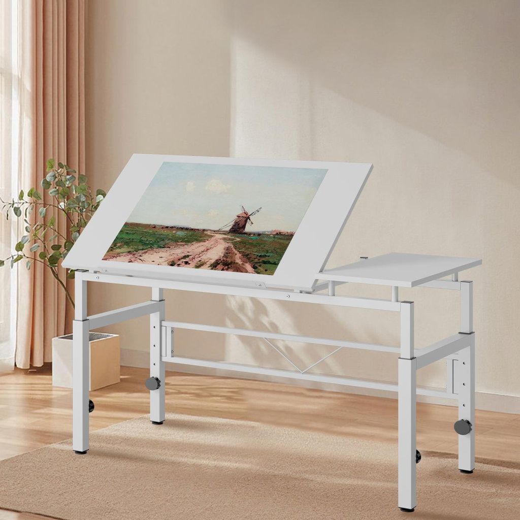 Adjustable Drafting Table, White Drawing Desk with Tilting Top & 4 Leveling Feet for Office, Study Room, Drawing Room, Classroom