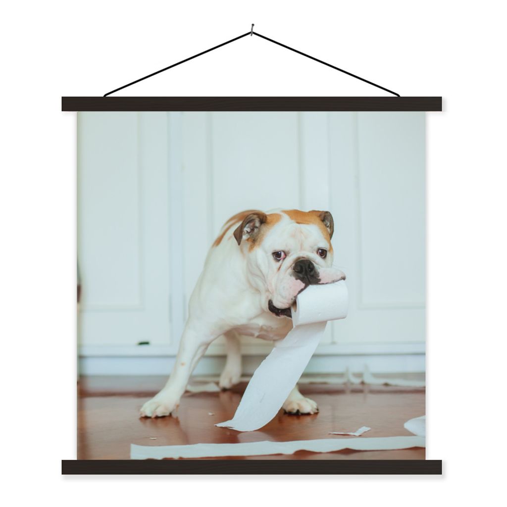 MuchoWow Textilposter Hund spielt mit Toilettenpapier 40x40 cm mit schwarzem Rahmen - Fotos