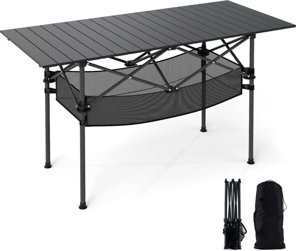 Klappbarer Campingtisch mit aufrollbarer Aluminiumplatte, Schwarz