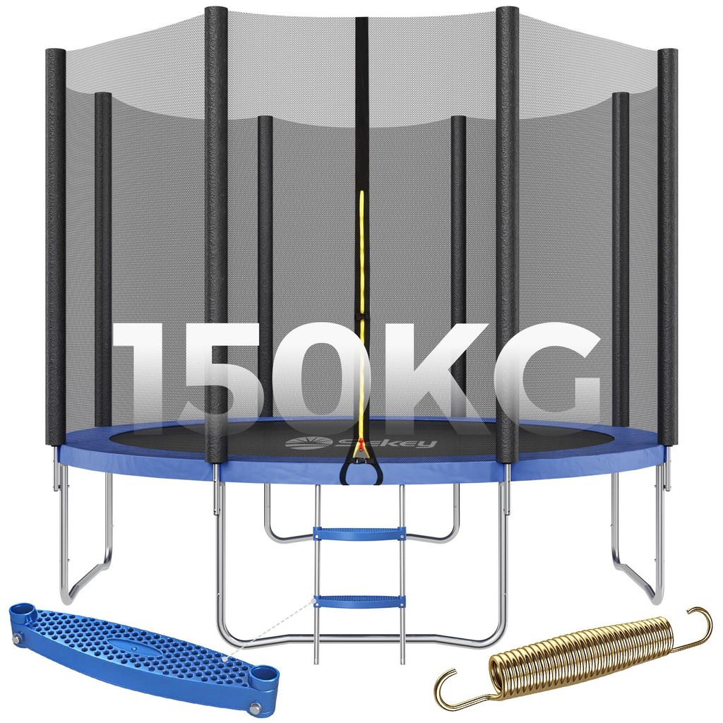 Sekey 305 cm Gartentrampolin mit Sicherheitsnetz und Leiter, Kindertrampolin für Jump Fitness Outdoor Trampolin, Blau