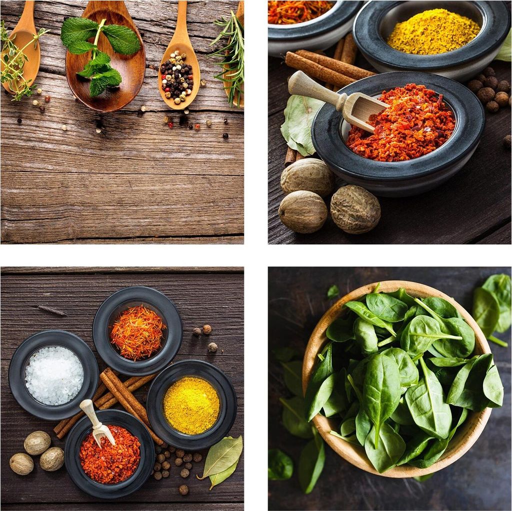 levandeo Glasbild 4er Set je 30x30cm Wandbild Glas Küche Kräuter Gewürze