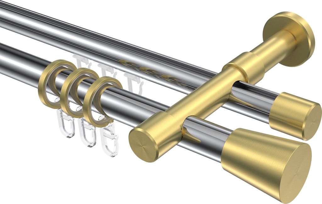 Interdeco Rundrohr-Innenlaufstange / Gardinenstange (Kombination) Chrom / Messing-Optik, Typ Prestige Sitra (Konus), 20 mm Ø 2-läufig, 400 cm
