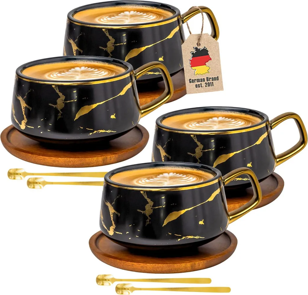 Tasse à Café en Céramique Noire Lot de 4 avec Soucoupes en Bois de 200ml