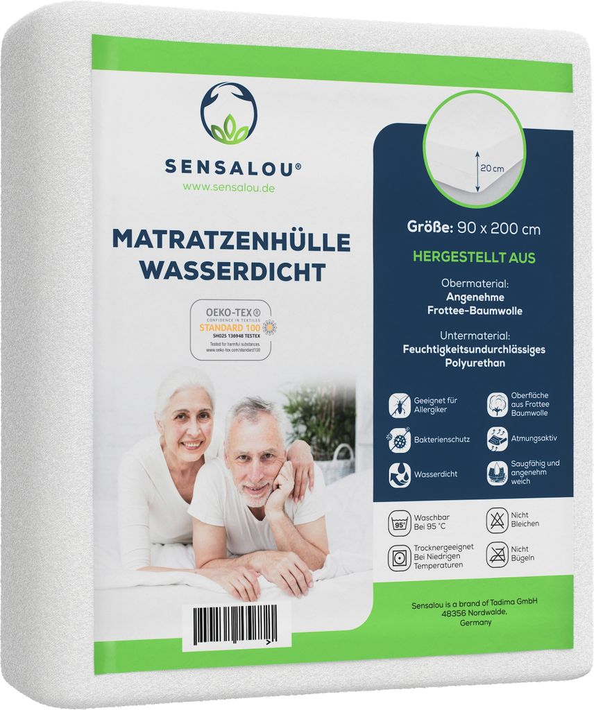 A product image for a mattress protector, featuring a couple and product details.