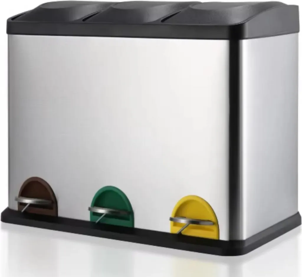 SONGMICS HOME Cestino da Cucina Tripla, Pattumiera per Raccolta Differenziata 3 x 15 L con Pedali Colorati, Raccolta Differenziata, Coperchio e Secchi Interni, Acciaio, Argento Metallizzato