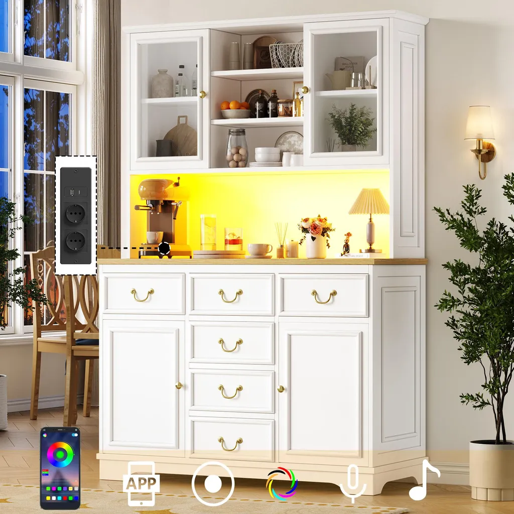 Meuble de cuisine avec prises USB intégrées et vitrine LED - 180 cm