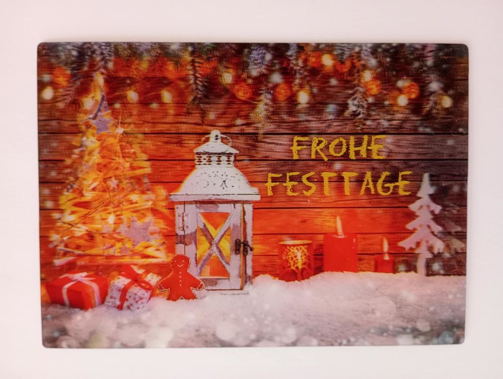 3 D Ansichtskarte Frohe Festtage, Postkarte Wackelkarte Hologrammkarte Weihnachten Windlicht Kerzen