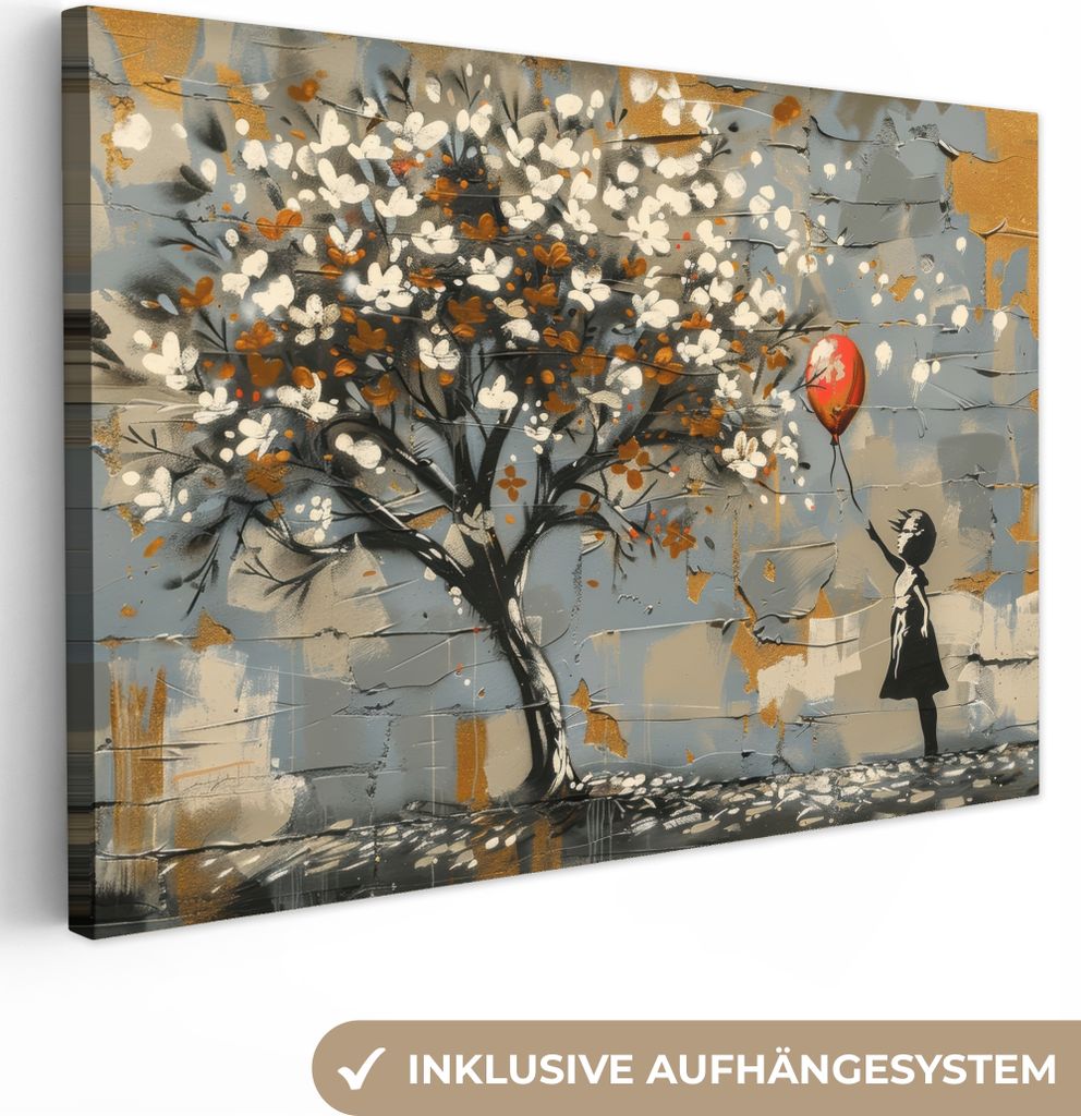Leinwand Bilder 30x20 cm - Lebensbaum - Graffiti - Banksy-Stil - Ballonmädchen, Bilder, Wanddeko Wohnzimmer