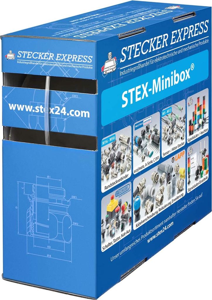 STEX24 Schrumpfschlauch 2:1, Minibox mit 25,0m, transparent 1,6/0,8mm, 1/16 Zoll, WSB2 Schrumpftemperatur mind. 95°C,