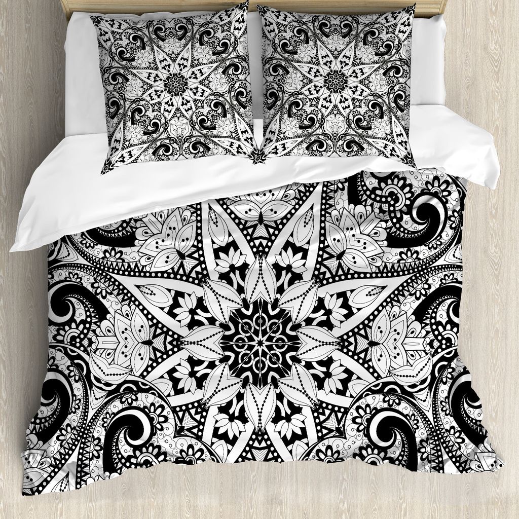 ABAKUHAUS Mandala Bettbezug, Eastern Muster, Milbensicher Allergiker geeignet mit Kissenbezügen, 200 cm x 200 cm - 80 x 80 cm, Schwarz-Weiss