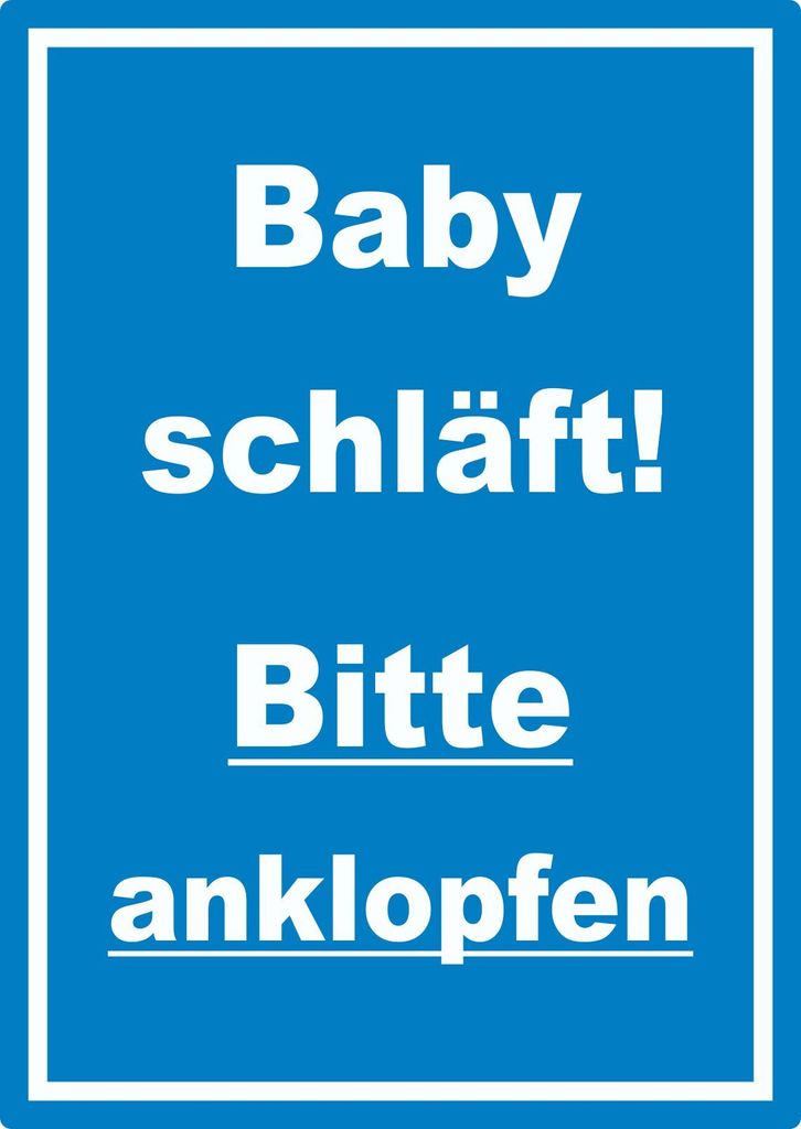 Das Baby schläft Bitte anklopfen Aufkleber mit Text hochkant blau-weiss A7 (74x105mm)